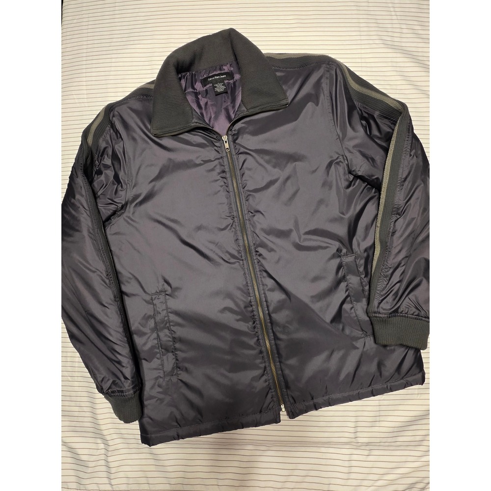 1175 Calvin Klein Jeans Mens Gray  Puffer Jacket Stripe Sleeve Ribbed Trim M